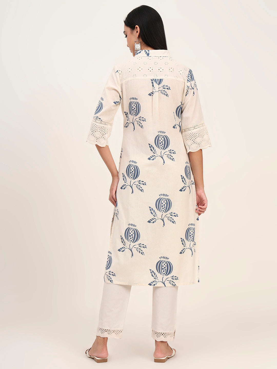 Off White Floral Cotton A-Line Kurta