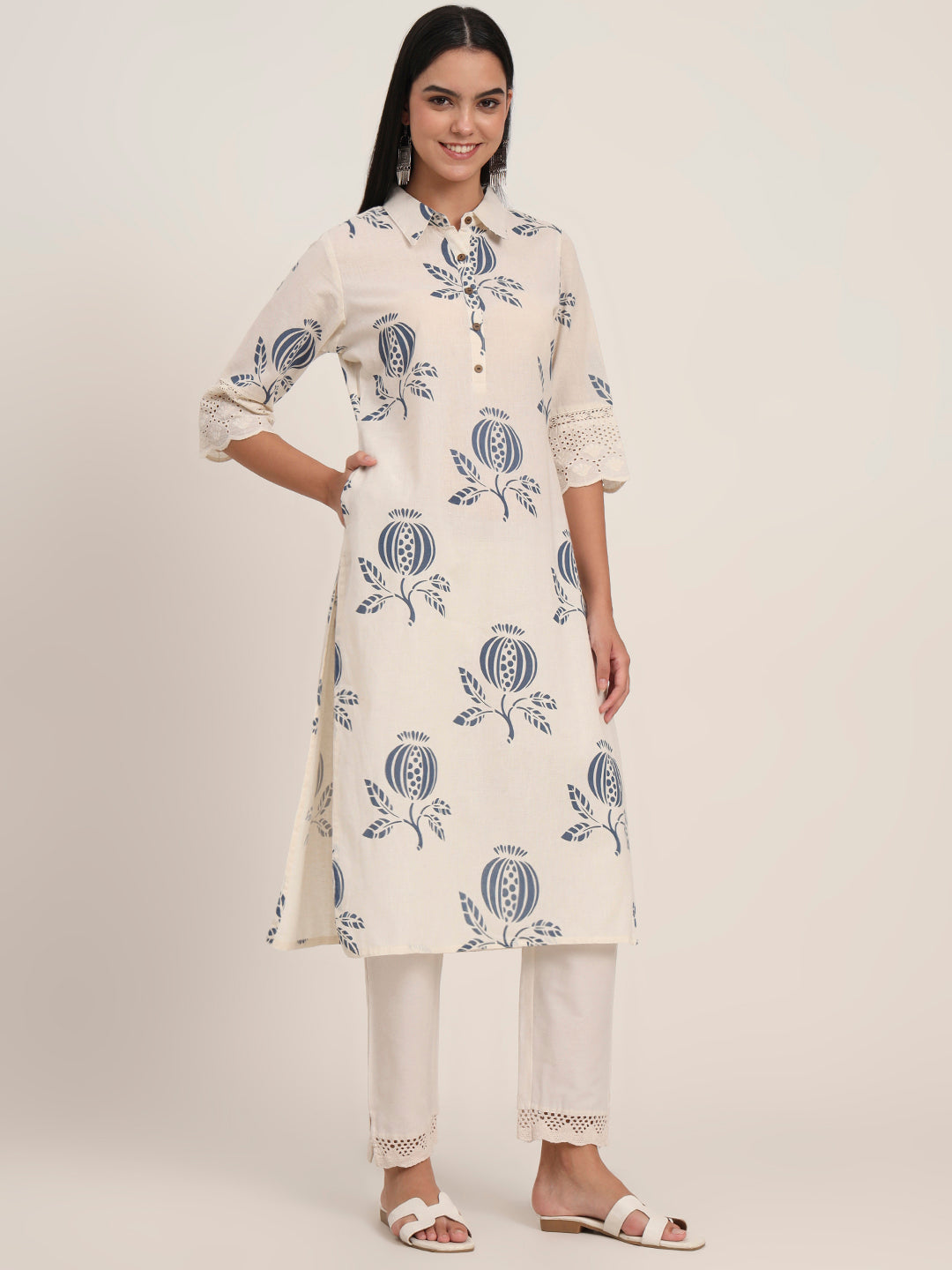 Off White Floral Cotton A-Line Kurta