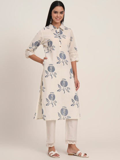 Off White Floral Cotton A-Line Kurta