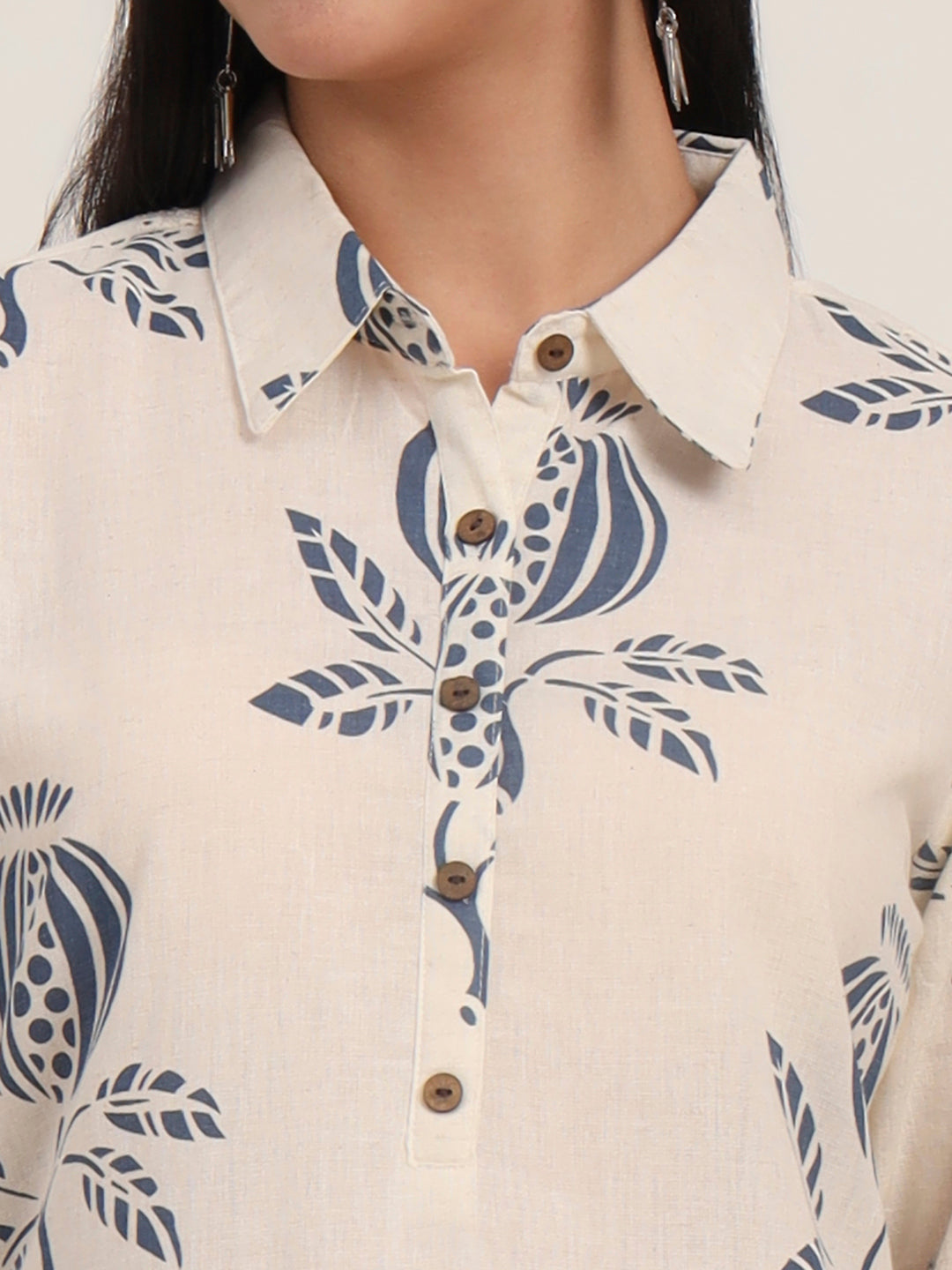 Off White Floral Cotton A-Line Kurta