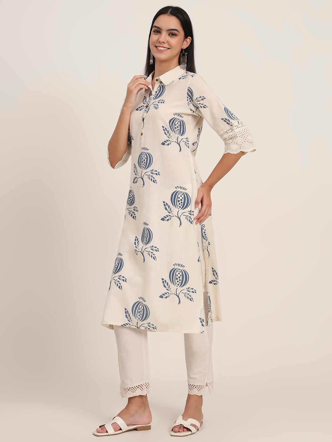 Off White Floral Cotton A-Line Kurta