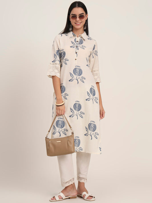 Off White Floral Cotton A-Line Kurta