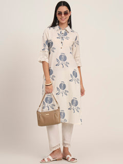Off White Floral Cotton A-Line Kurta