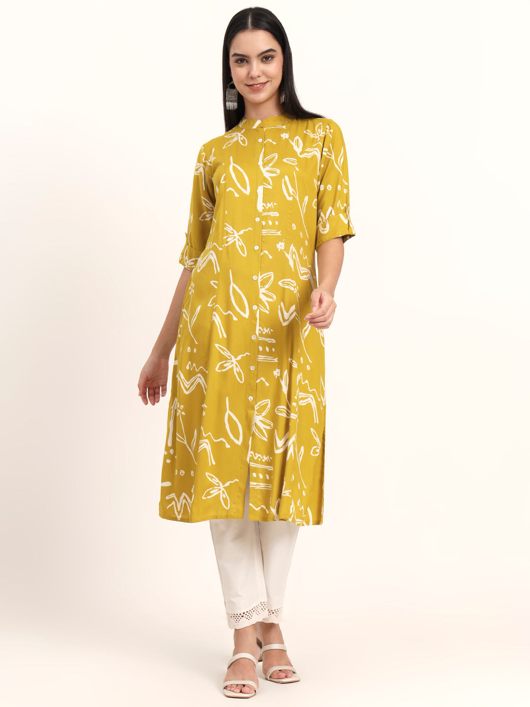 Mustard Abstract Rayon A-Line Kurta