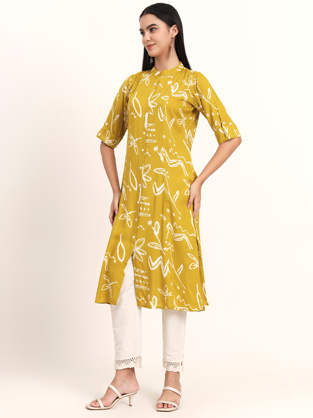 Mustard Abstract Rayon A-Line Kurta