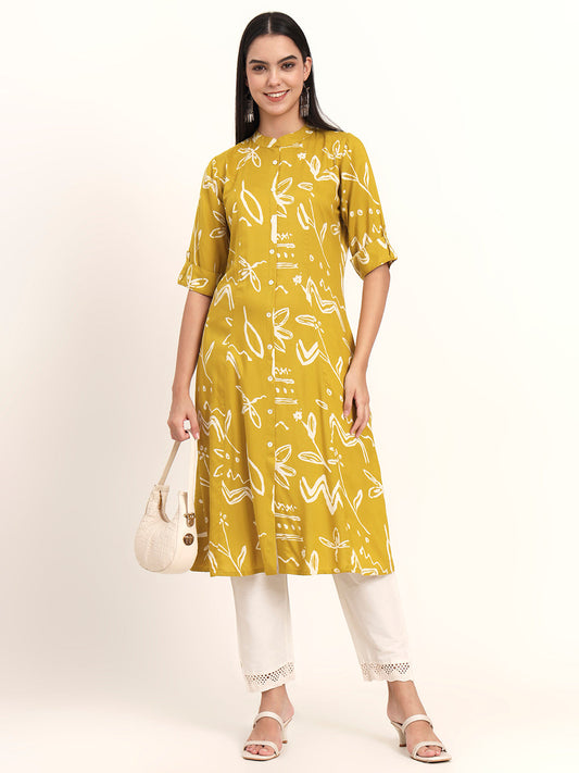 Mustard Abstract Rayon A-Line Kurta