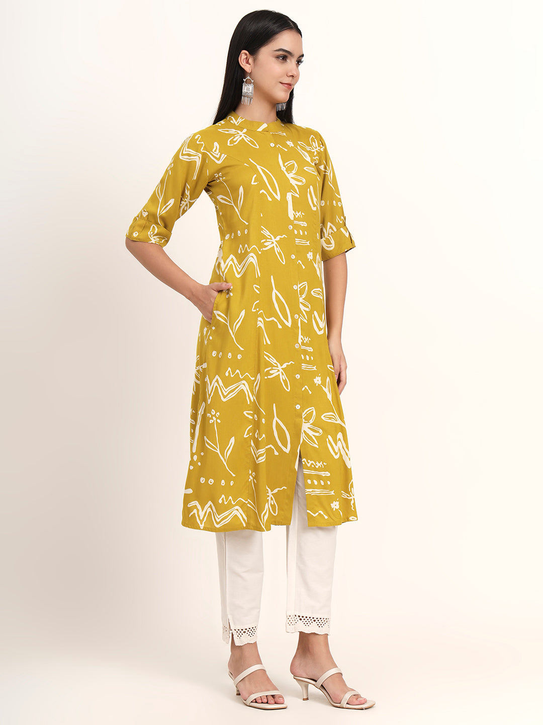 Mustard Abstract Rayon A-Line Kurta