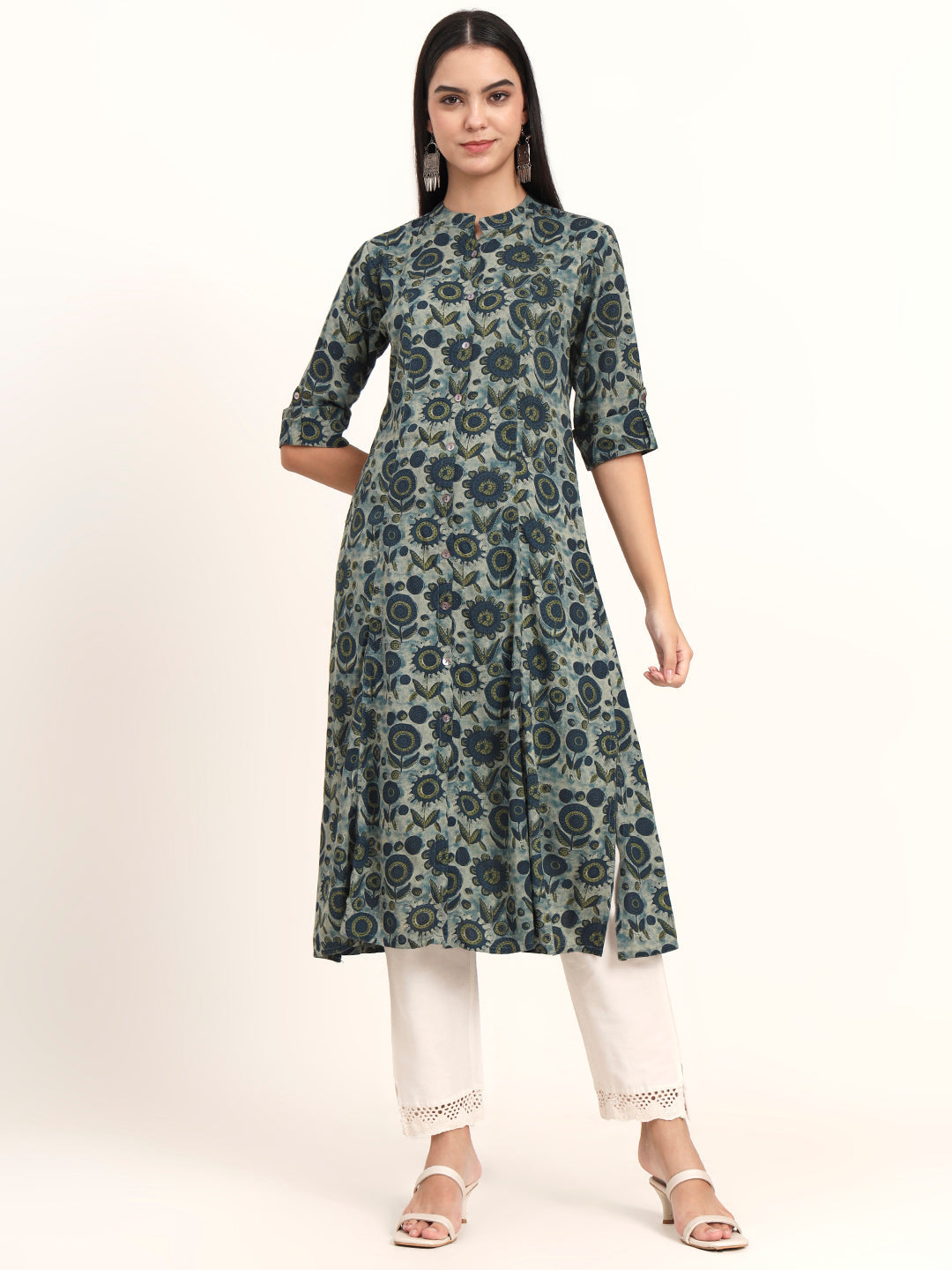 Grey Floral Rayon A-Line Kurta