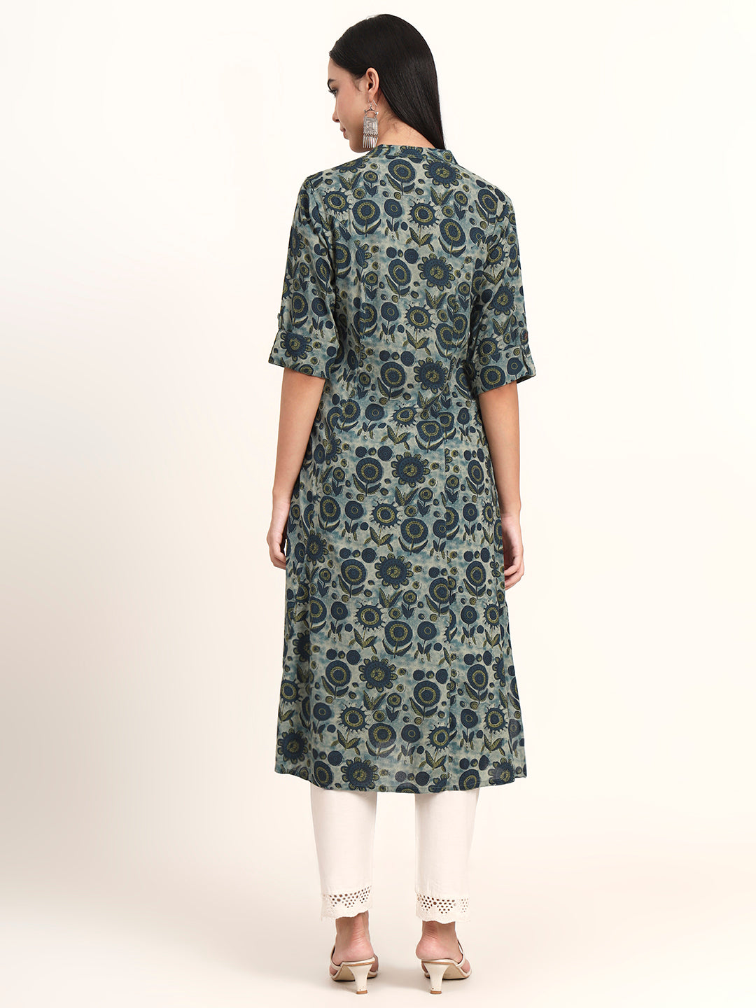Grey Floral Rayon A-Line Kurta