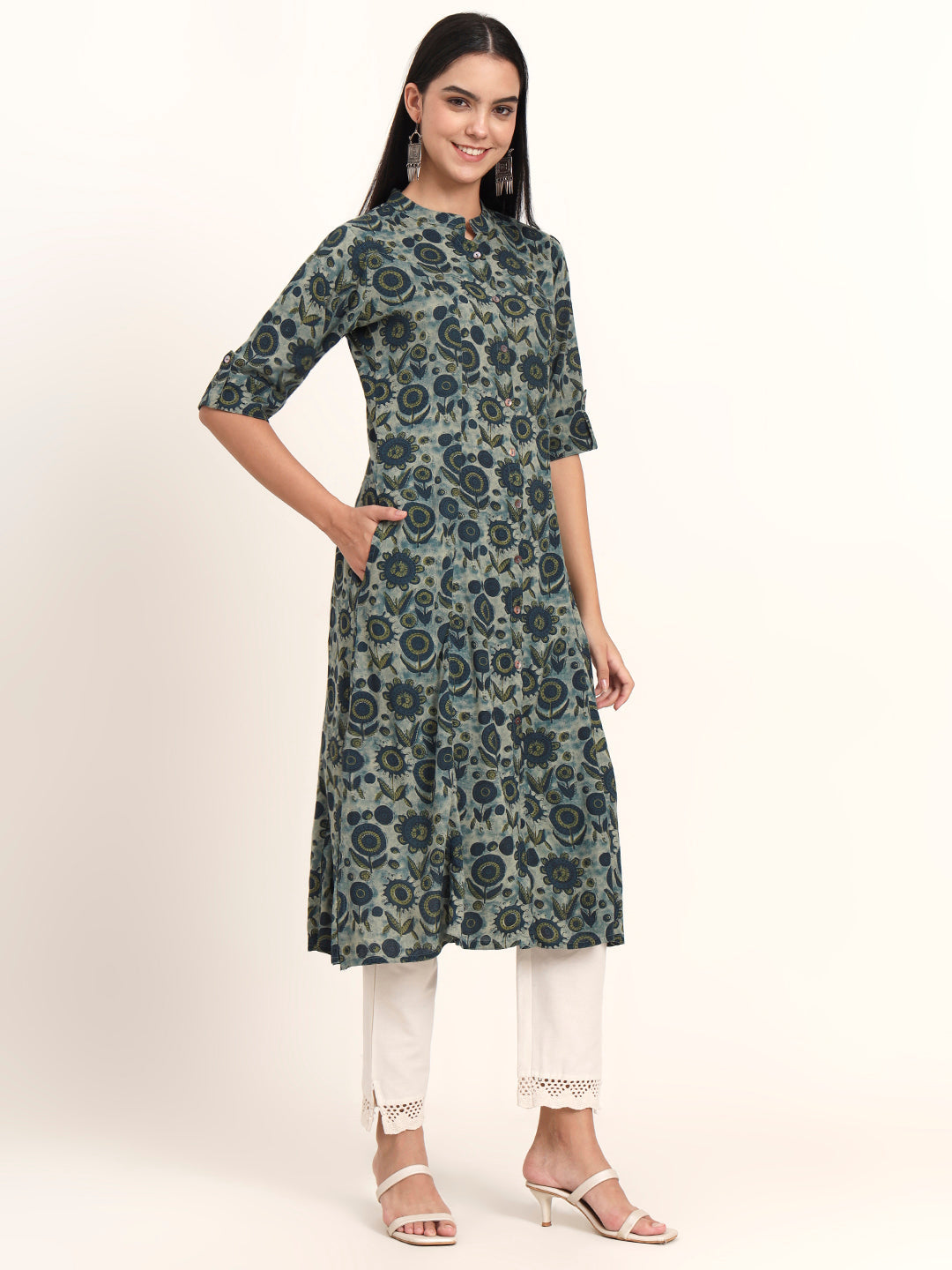 Grey Floral Rayon A-Line Kurta