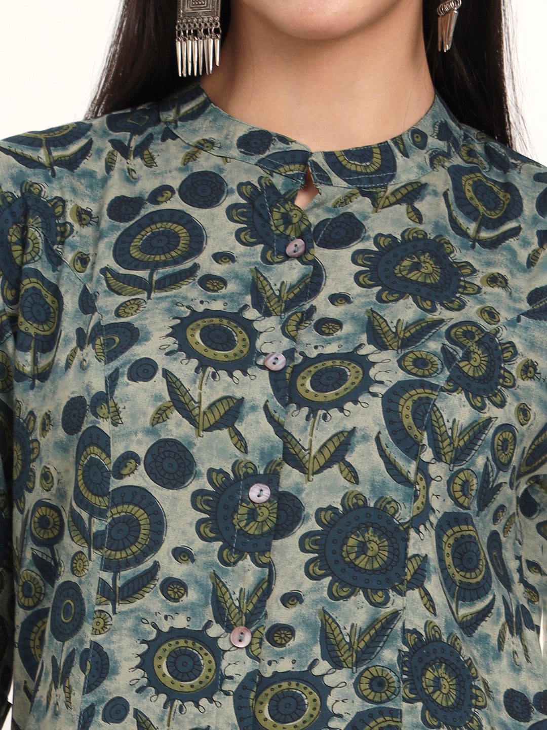 Grey Floral Rayon A-Line Kurta