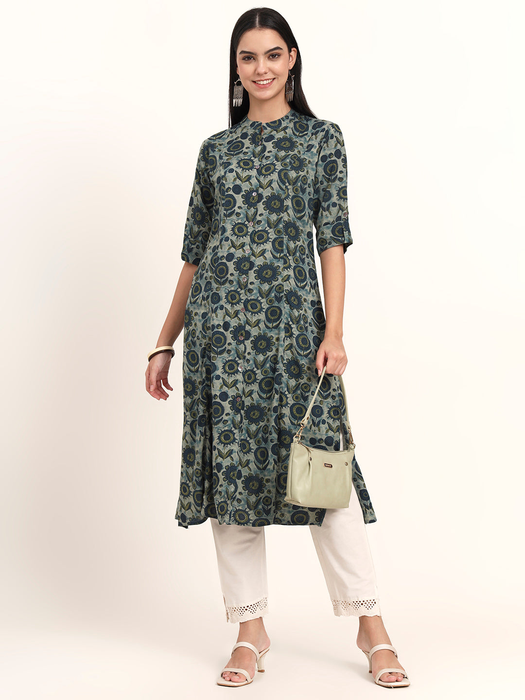 Grey Floral Rayon A-Line Kurta