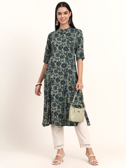 Grey Floral Rayon A-Line Kurta