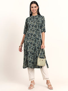 Grey Floral Rayon A-Line Kurta
