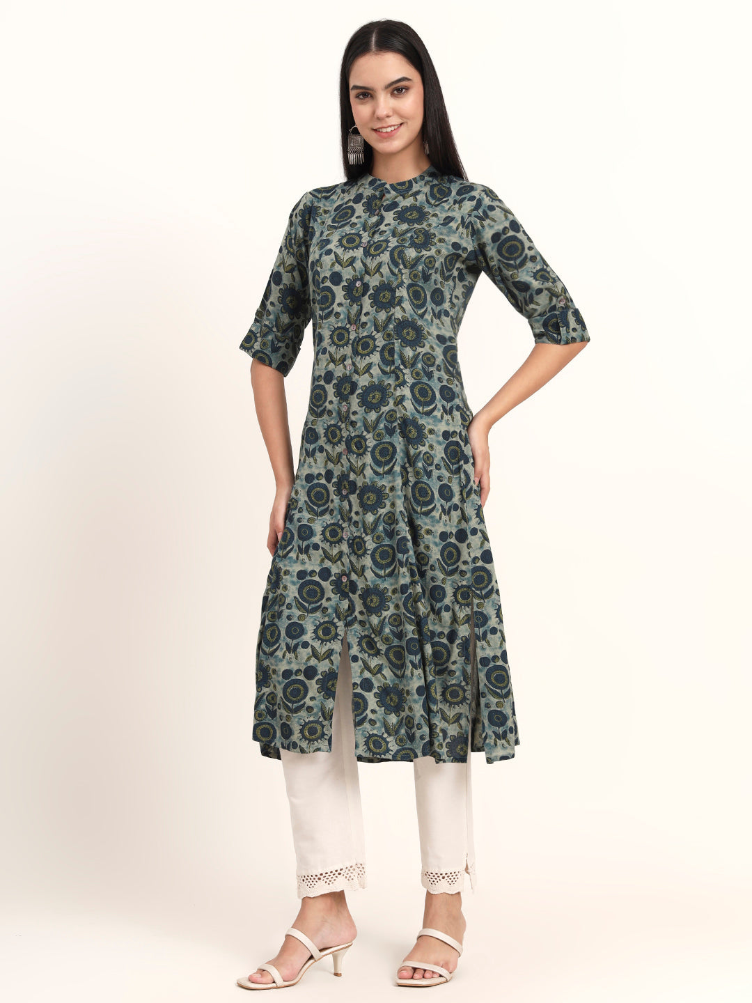 Grey Floral Rayon A-Line Kurta