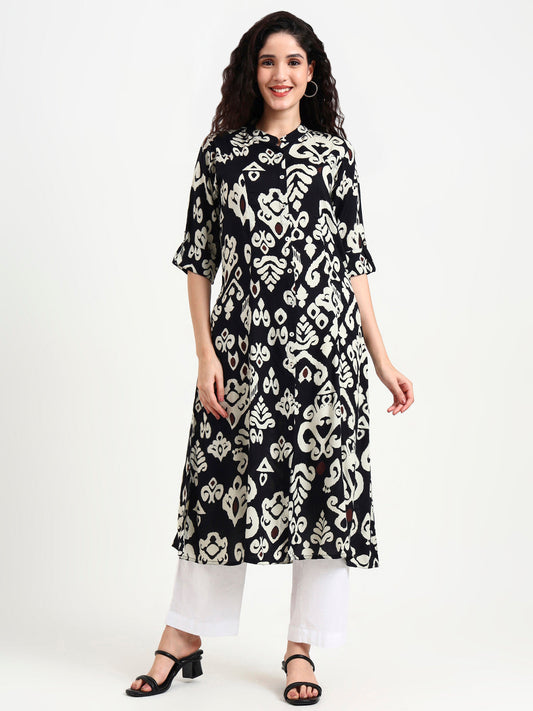 Black Asymetric Print Rayon Kurta