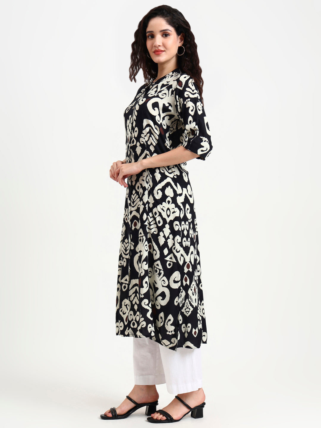 Black Asymetric Print Rayon Kurta