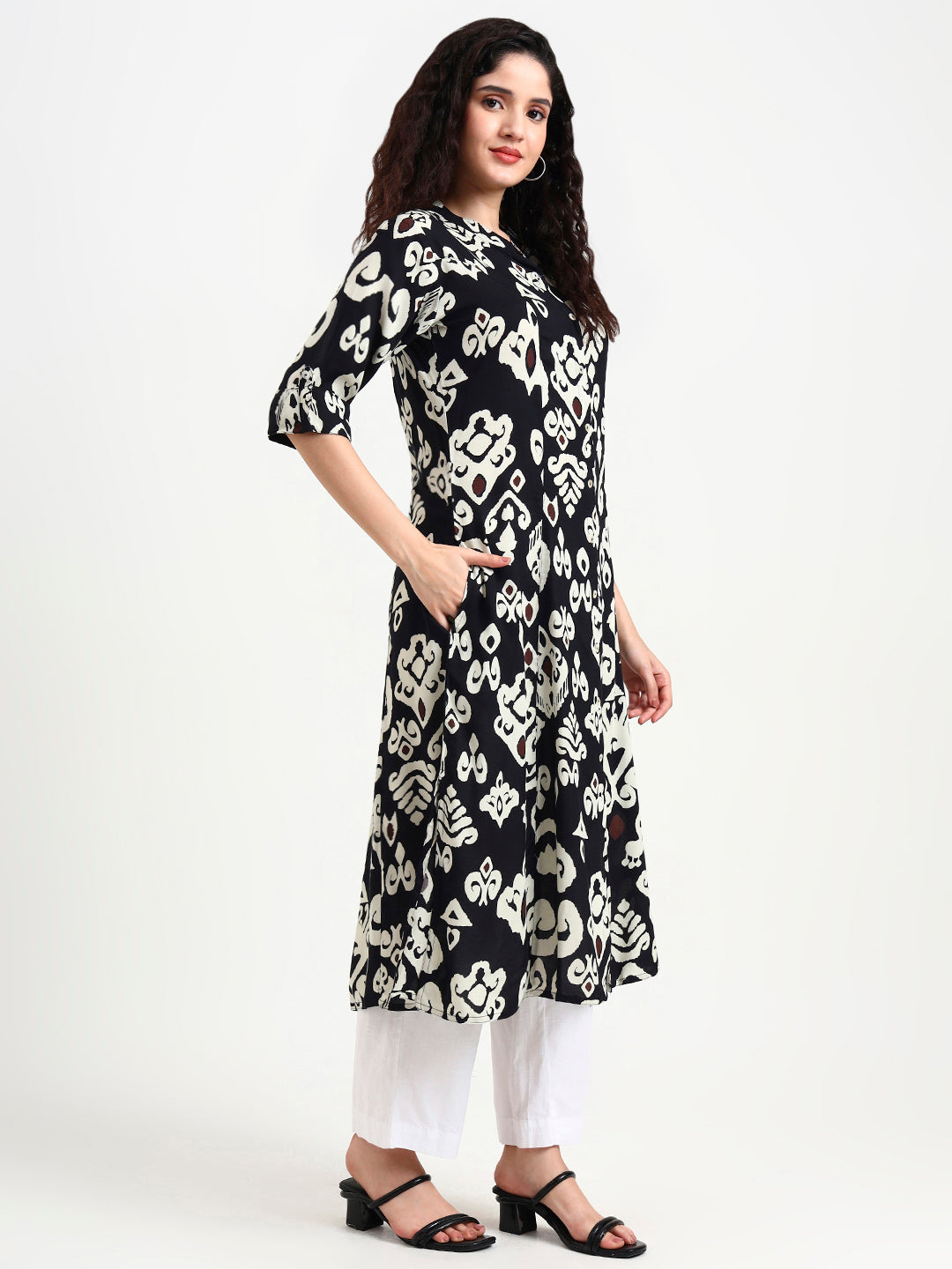 Black Asymetric Print Rayon Kurta