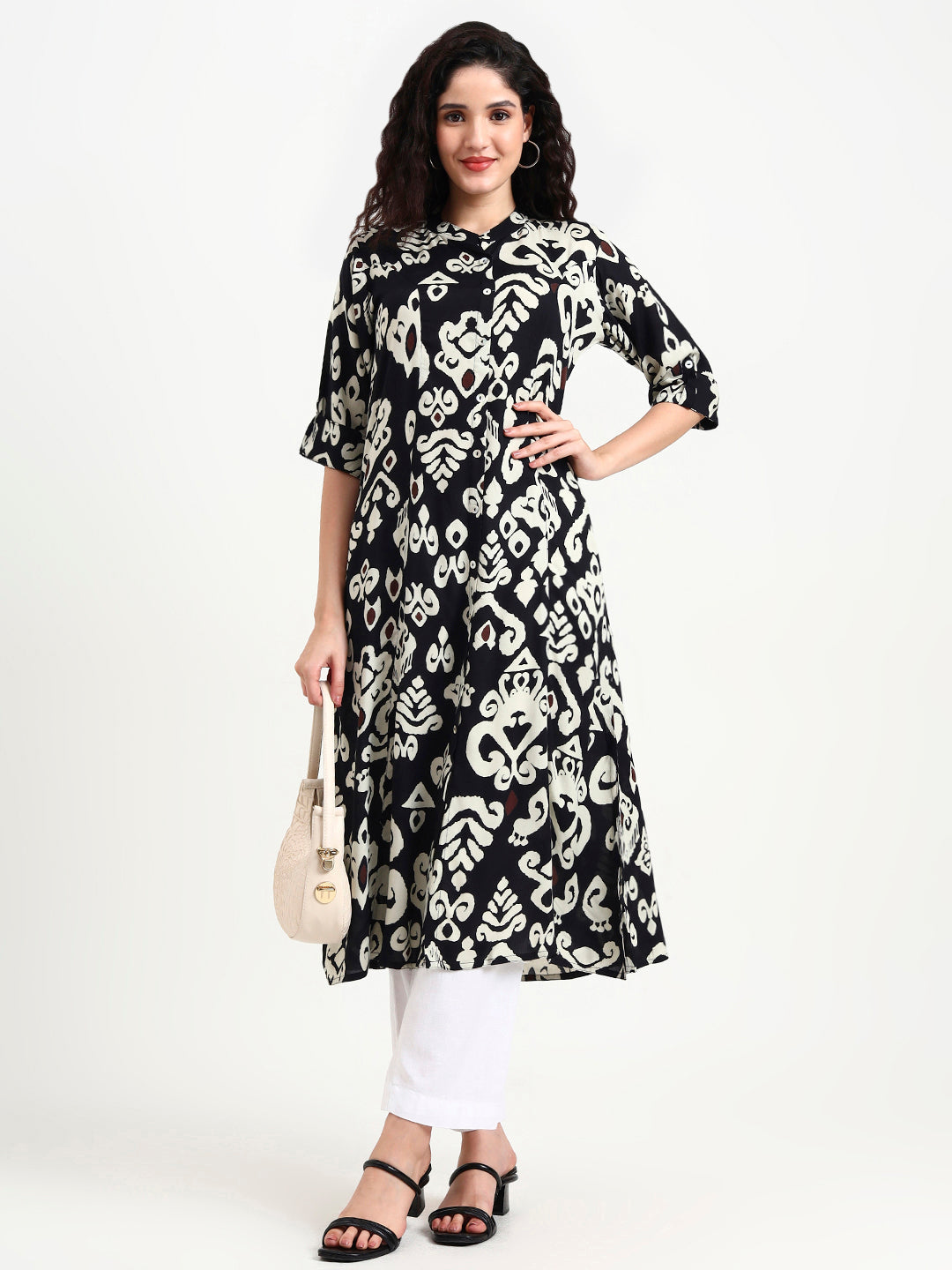 Black Asymetric Print Rayon Kurta