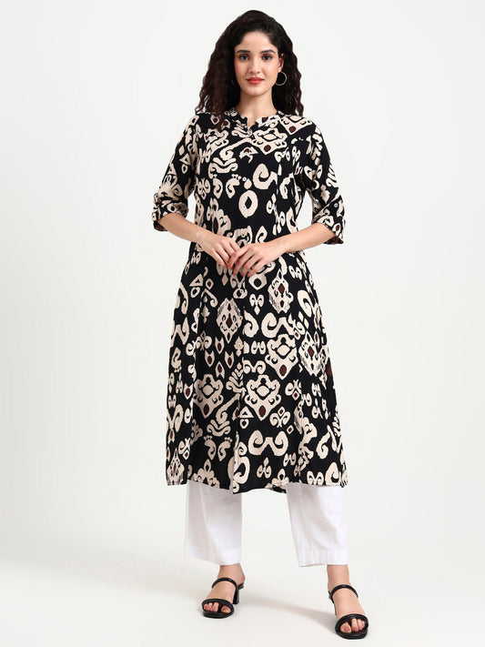 Black Asymetric Print Rayon Kurta