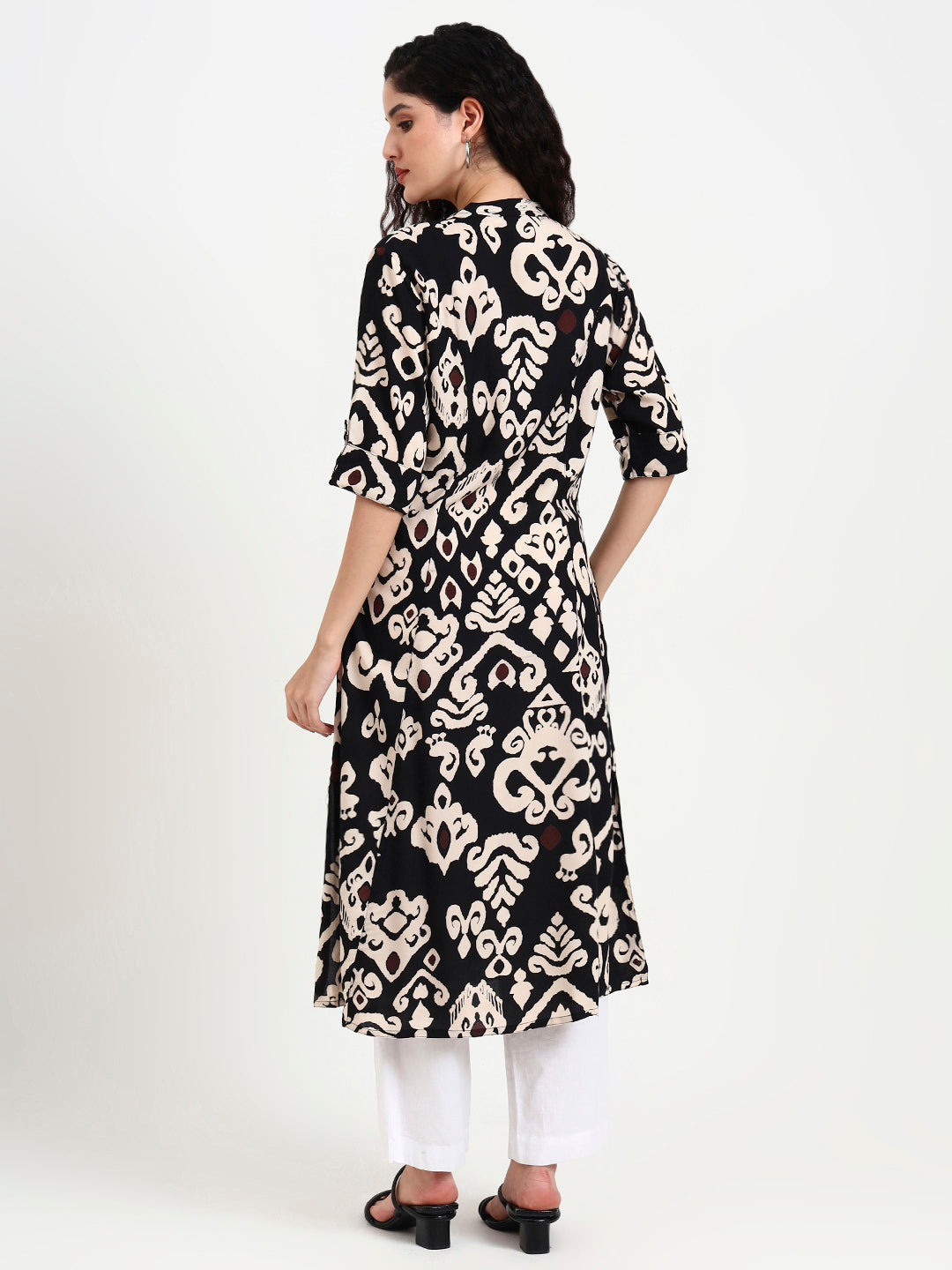 Black Asymetric Print Rayon Kurta