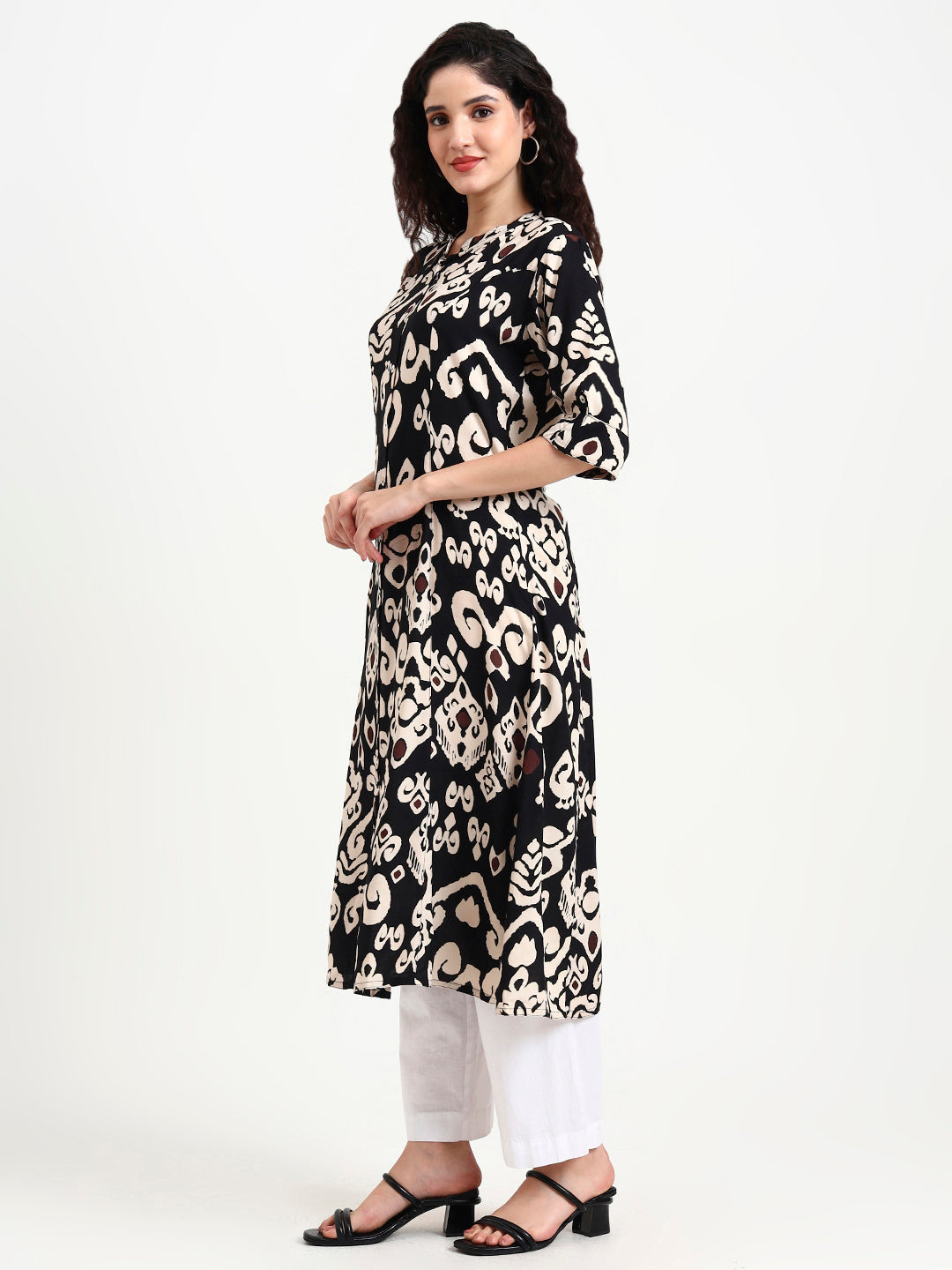 Black Asymetric Print Rayon Kurta