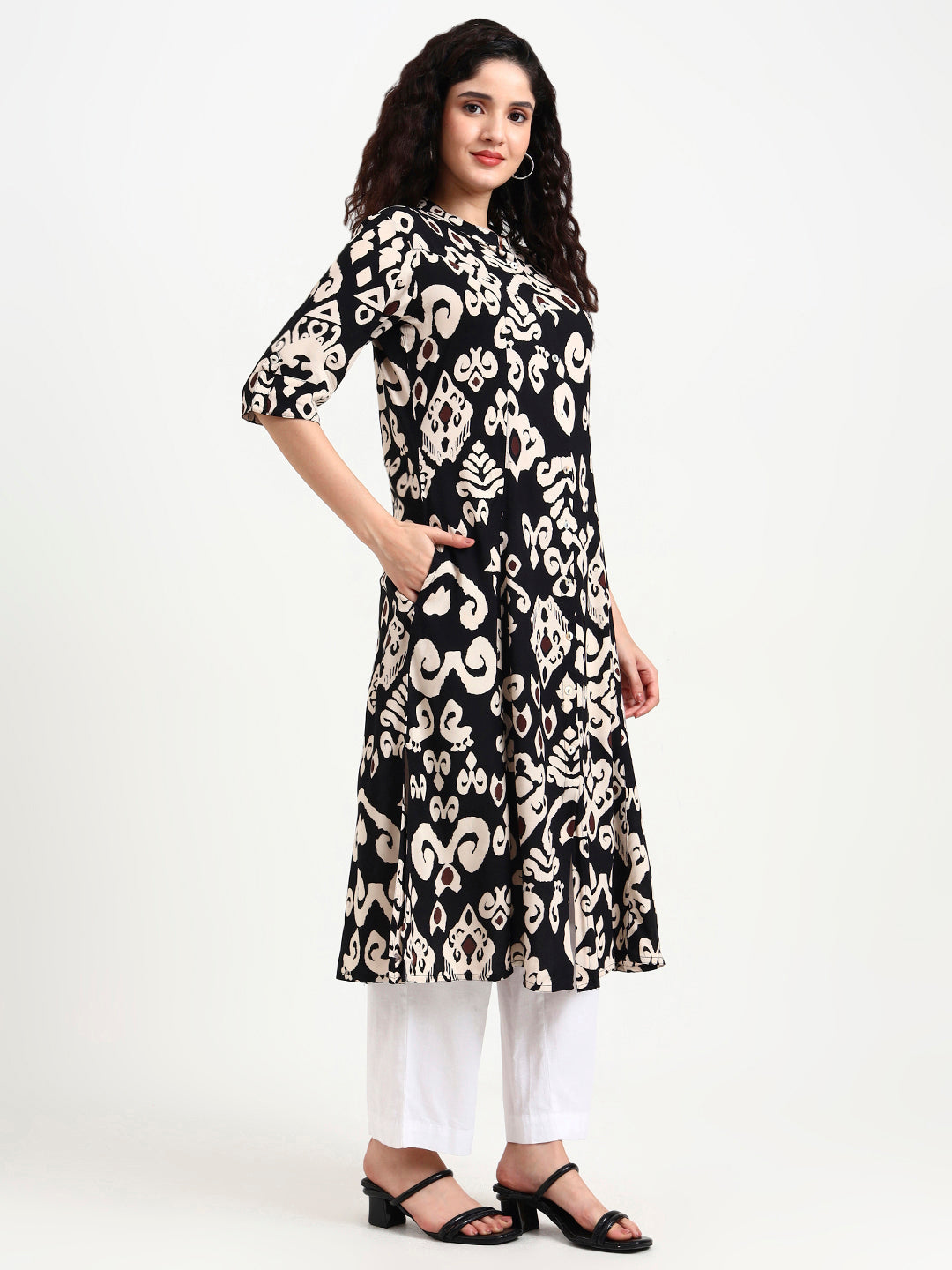Black Asymetric Print Rayon Kurta