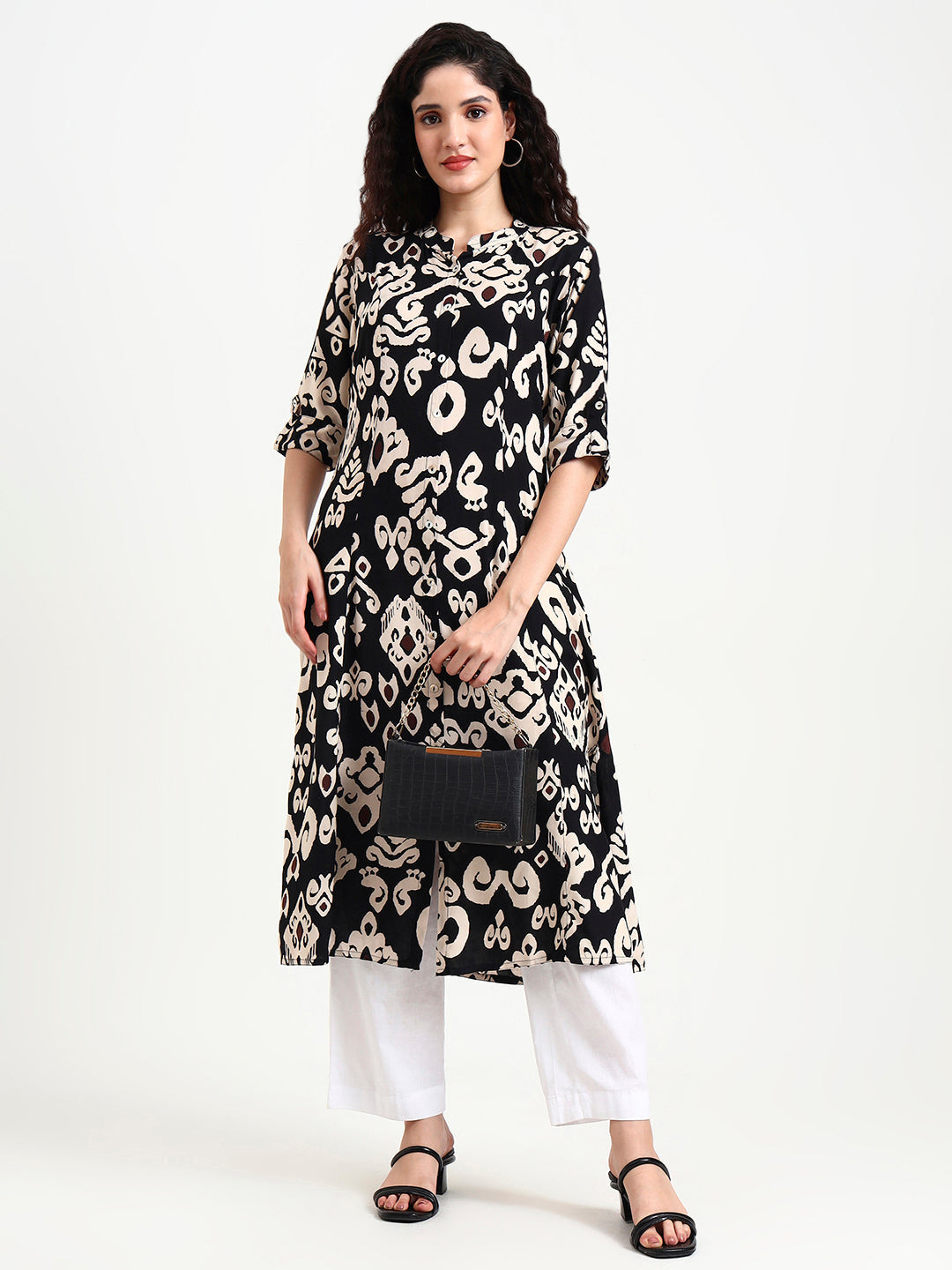 Black Asymetric Print Rayon Kurta