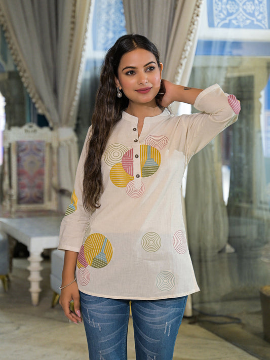 Offwhite Embroidery Cotton Fabric Straight Top