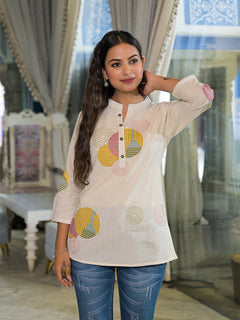 Offwhite Embroidery Cotton Fabric Straight Top