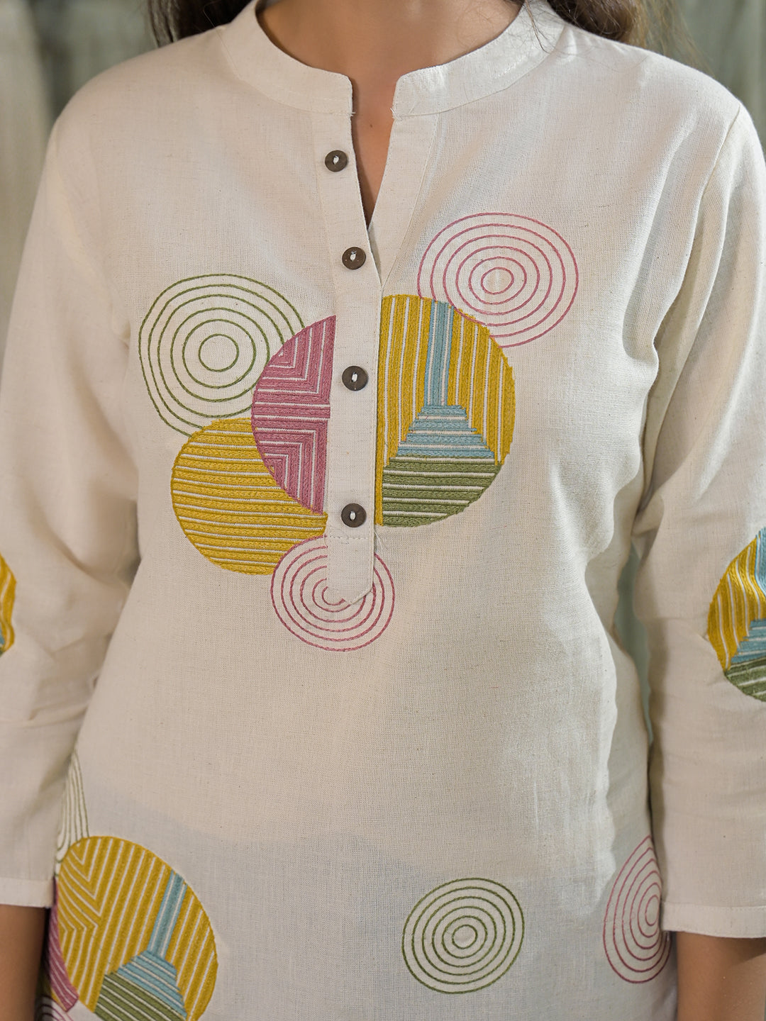 Offwhite Embroidery Cotton Fabric Straight Top