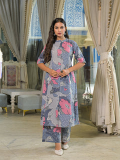 Grey Floral Print A-Line Cotton Kurta Pant Sets