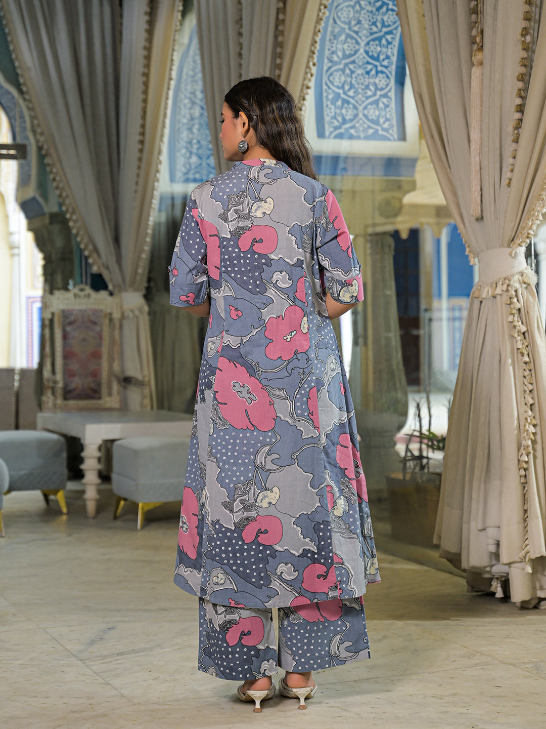 Grey Floral Print A-Line Cotton Kurta Pant Sets