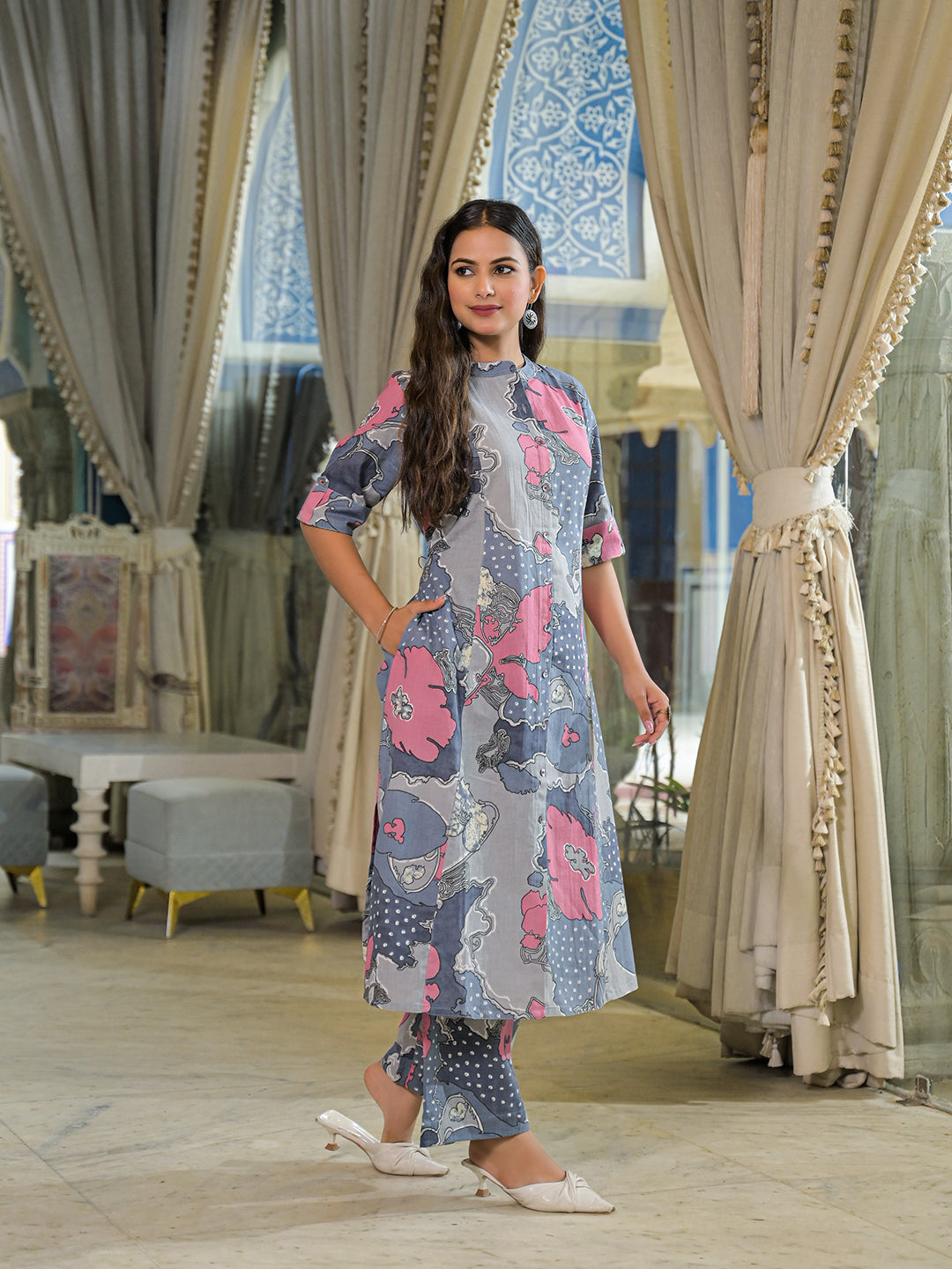 Grey Floral Print A-Line Cotton Kurta Pant Sets