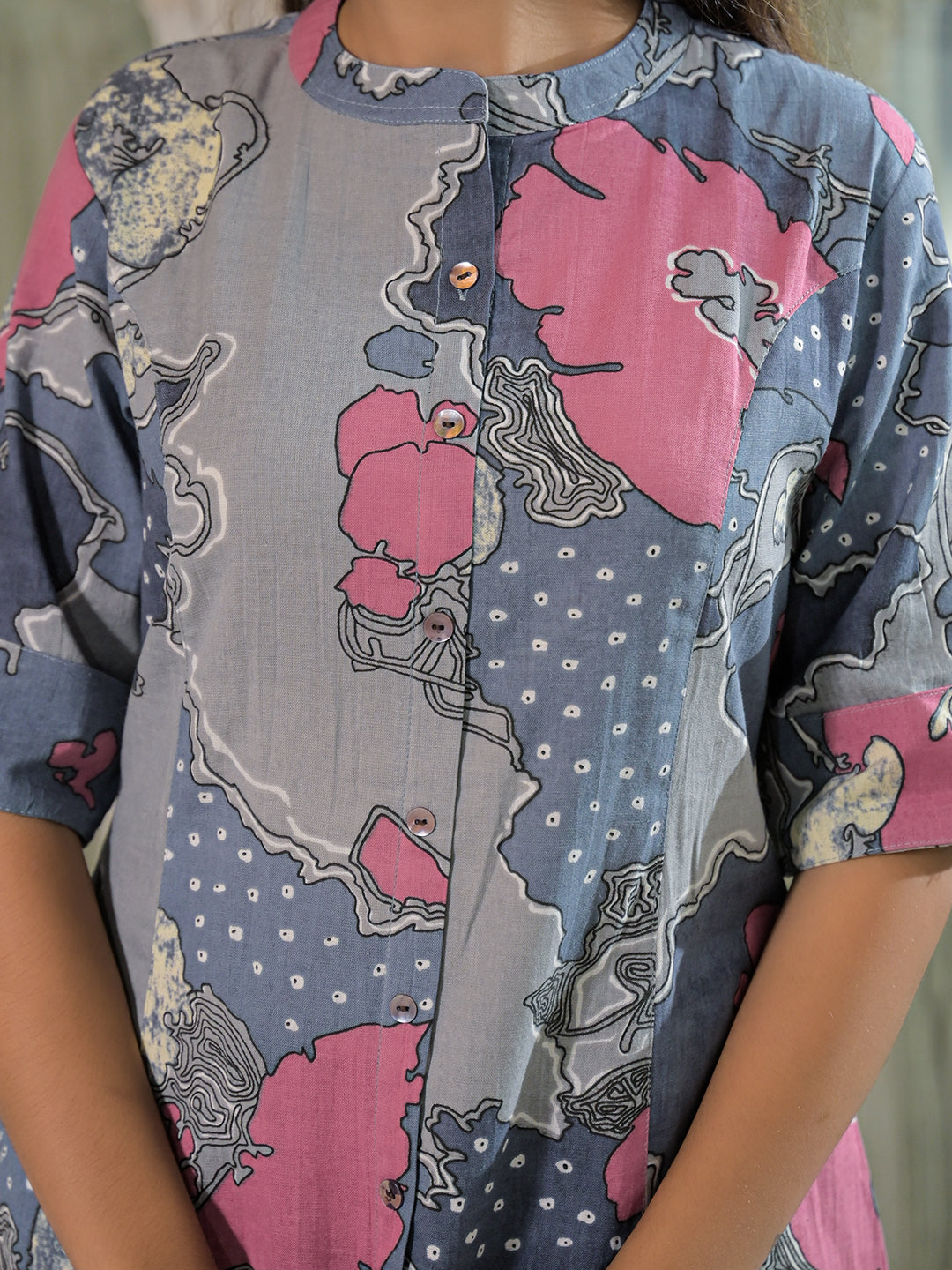 Grey Floral Print A-Line Cotton Kurta Pant Sets