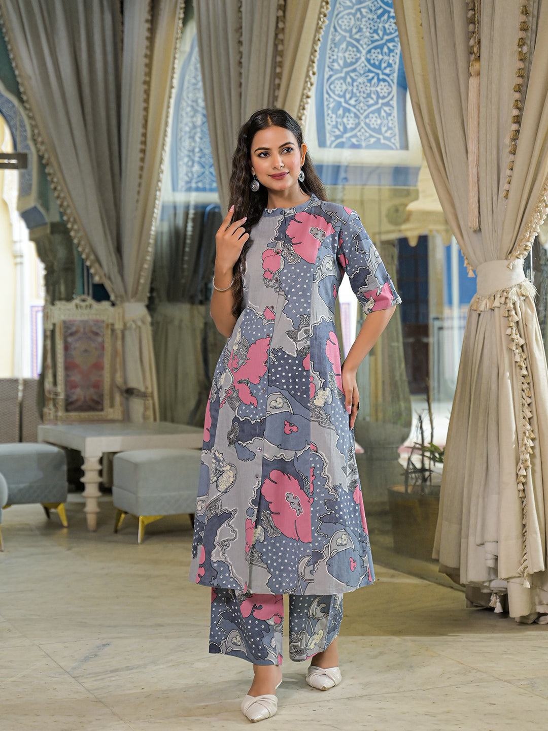 Grey Floral Print A-Line Cotton Kurta Pant Sets
