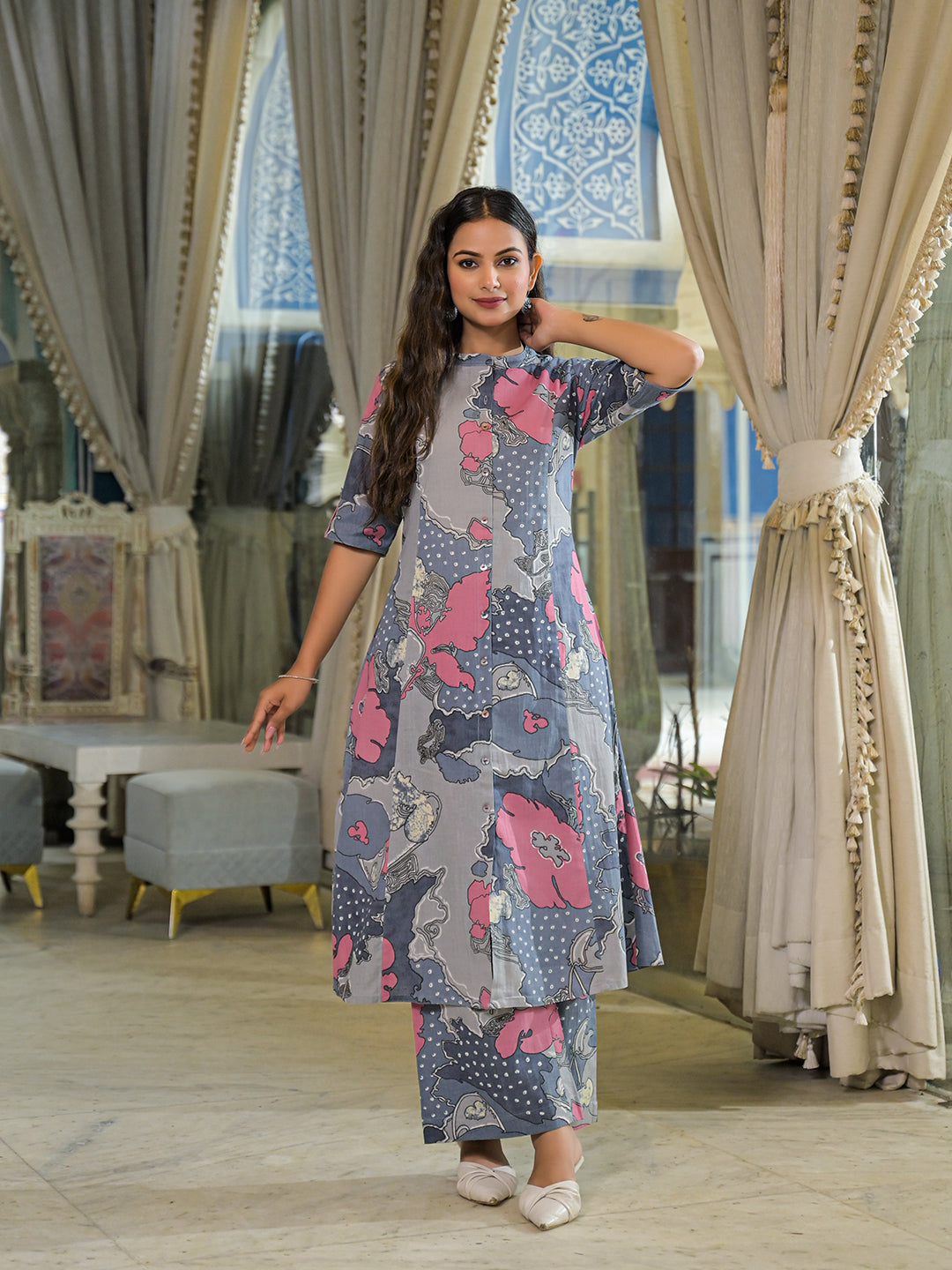 Grey Floral Print A-Line Cotton Kurta Pant Sets