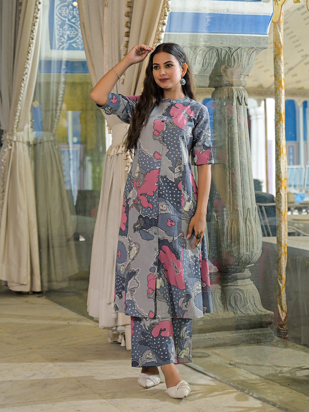 Grey Floral Print A-Line Cotton Kurta Pant Sets