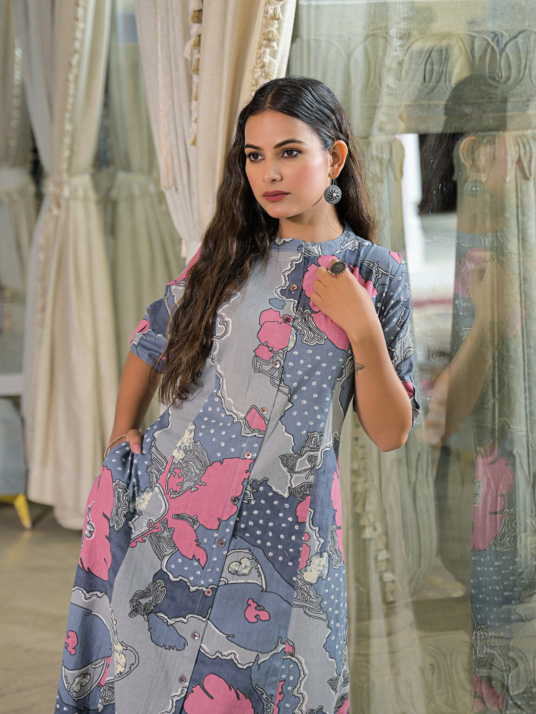 Grey Floral Print A-Line Cotton Kurta Pant Sets