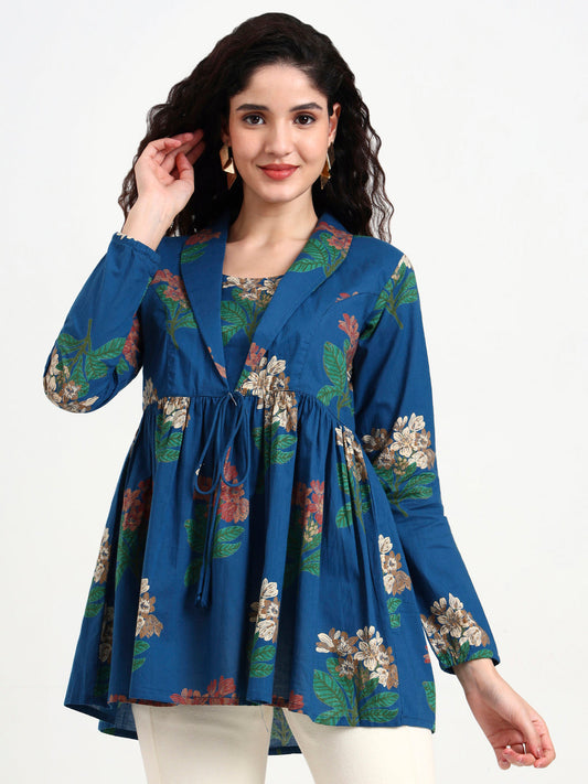 Sky Blue Floral Print Cotton Top