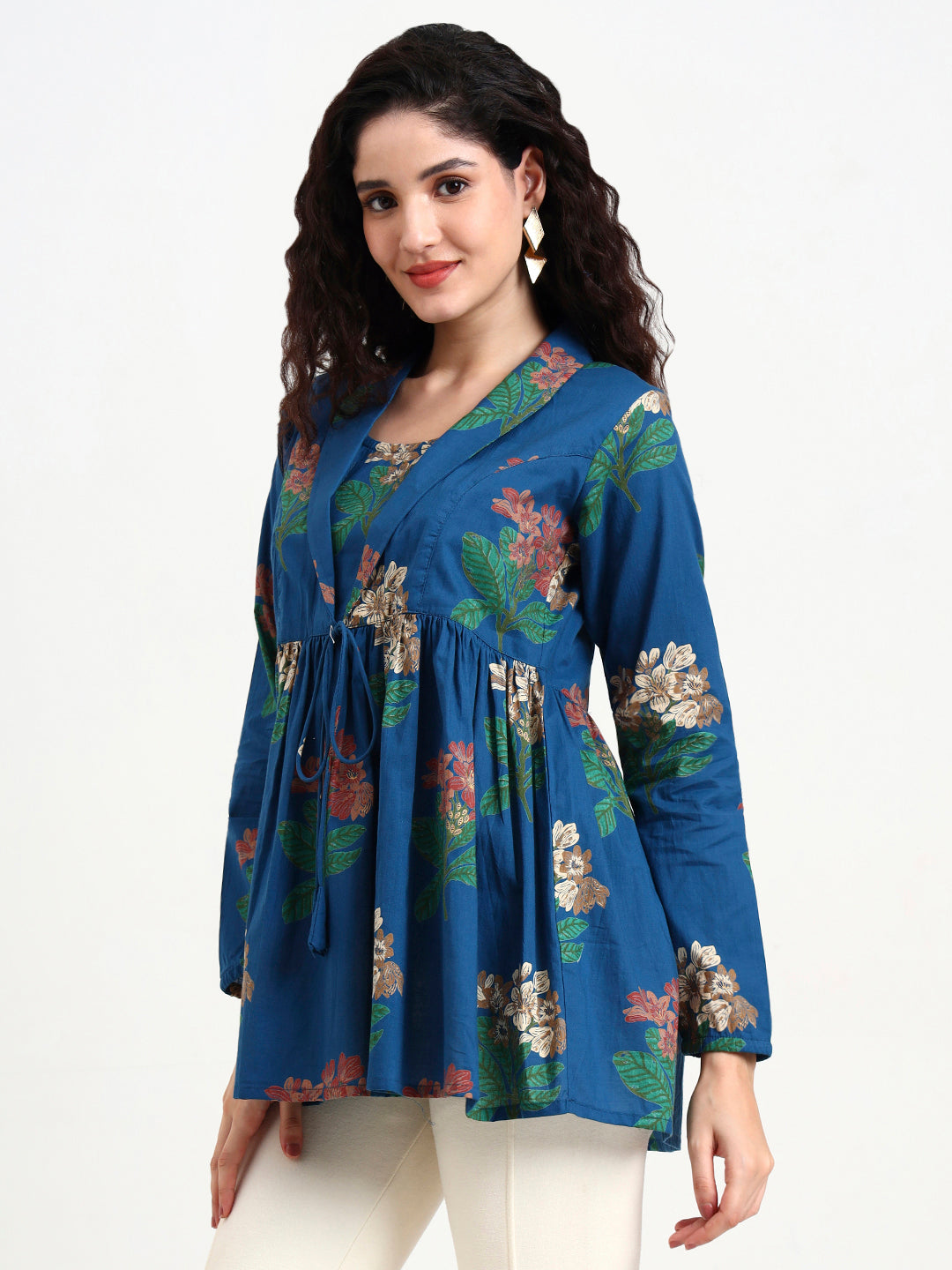 Sky Blue Floral Print Cotton Top