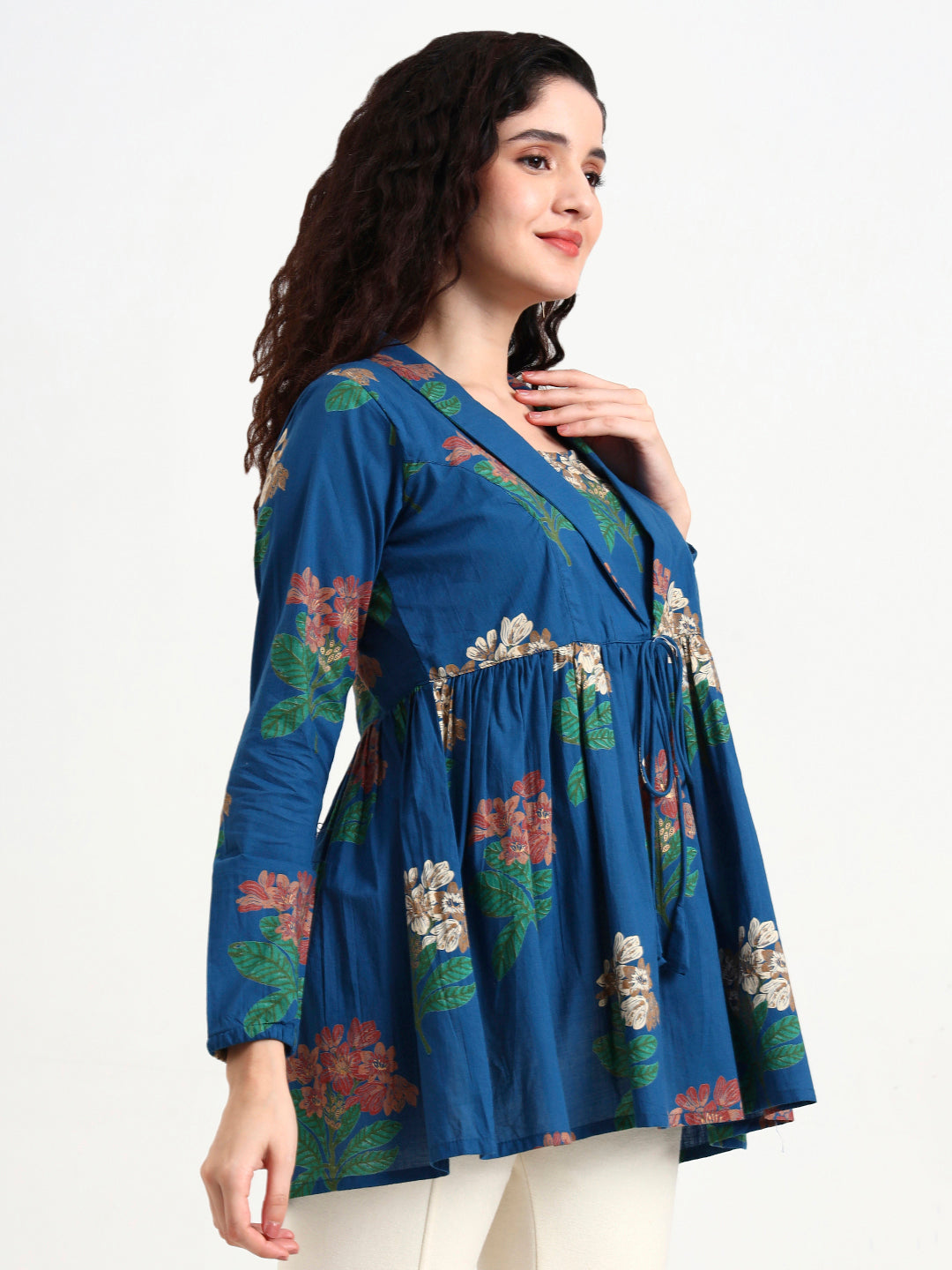 Sky Blue Floral Print Cotton Top