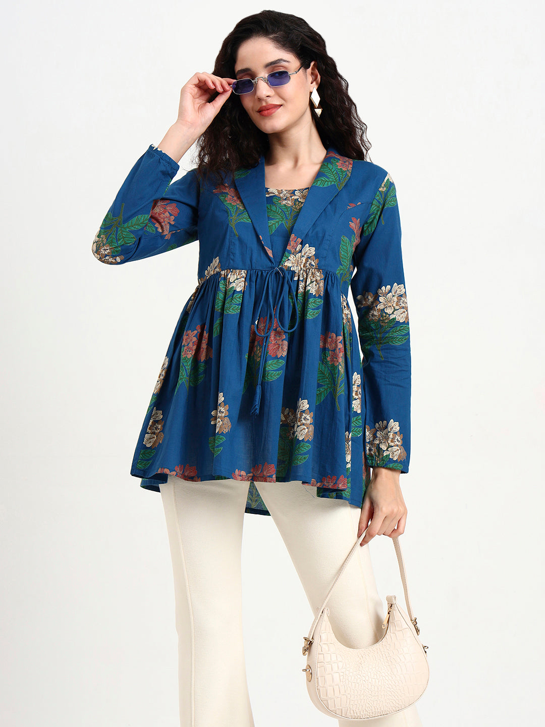 Sky Blue Floral Print Cotton Top