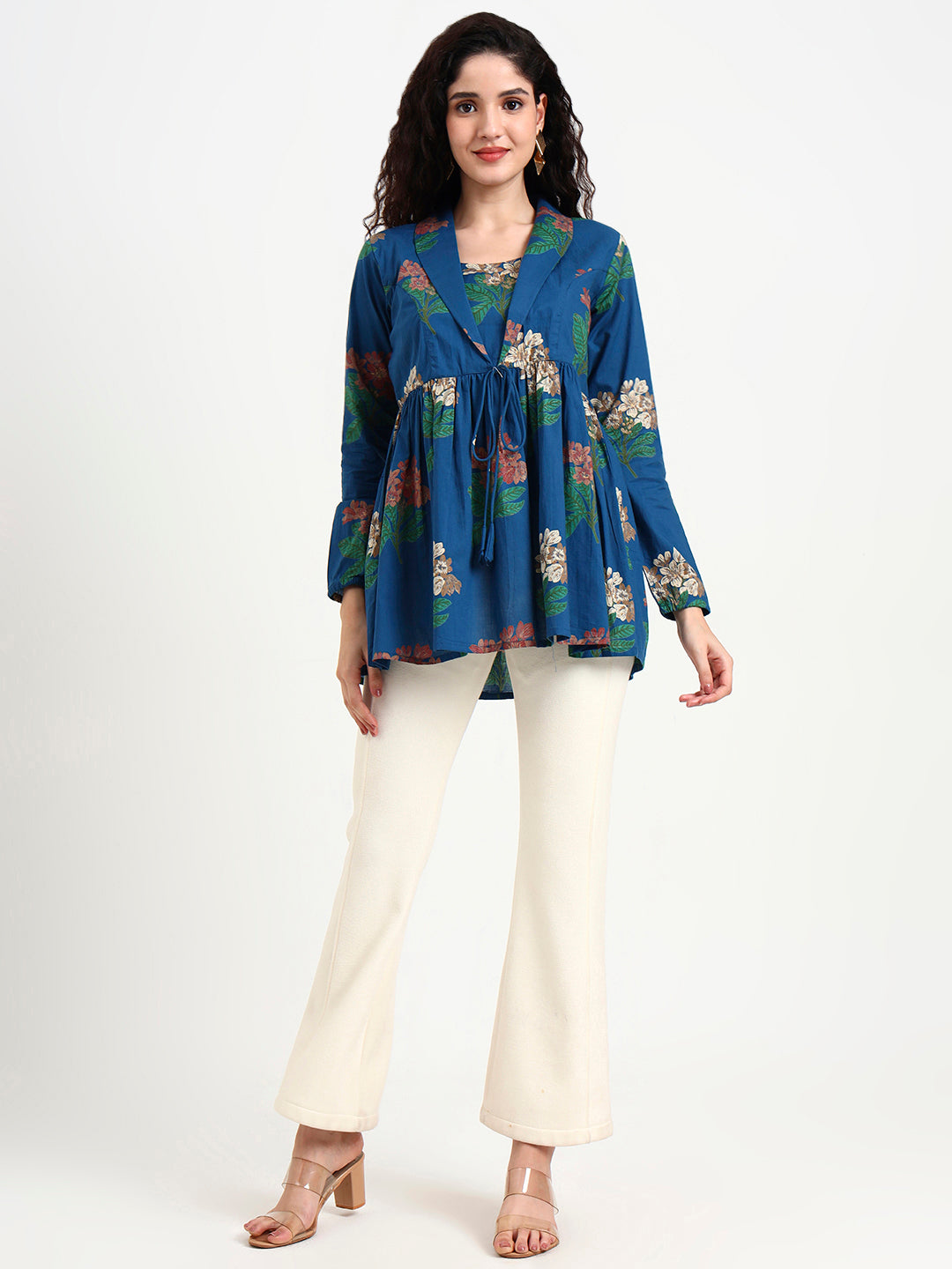 Sky Blue Floral Print Cotton Top