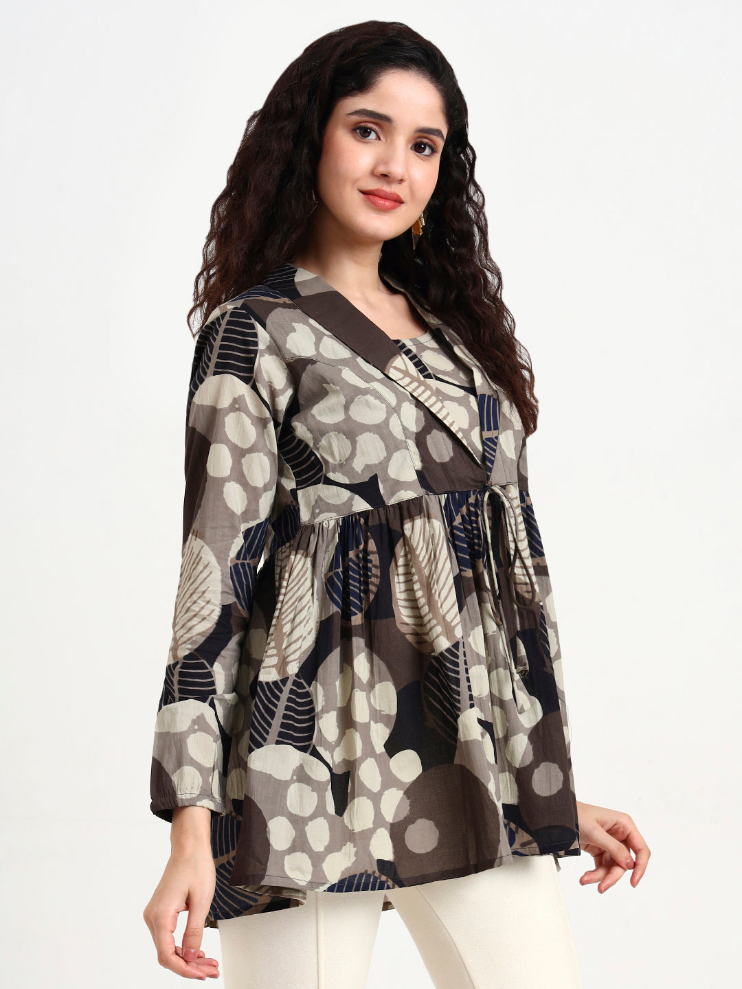 Grey Floral Print Cotton Top