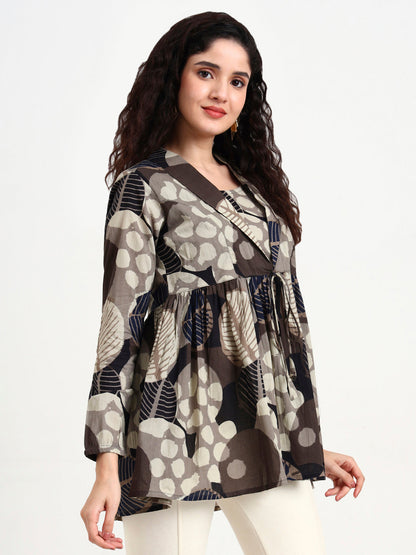 Grey Floral Print Cotton Top