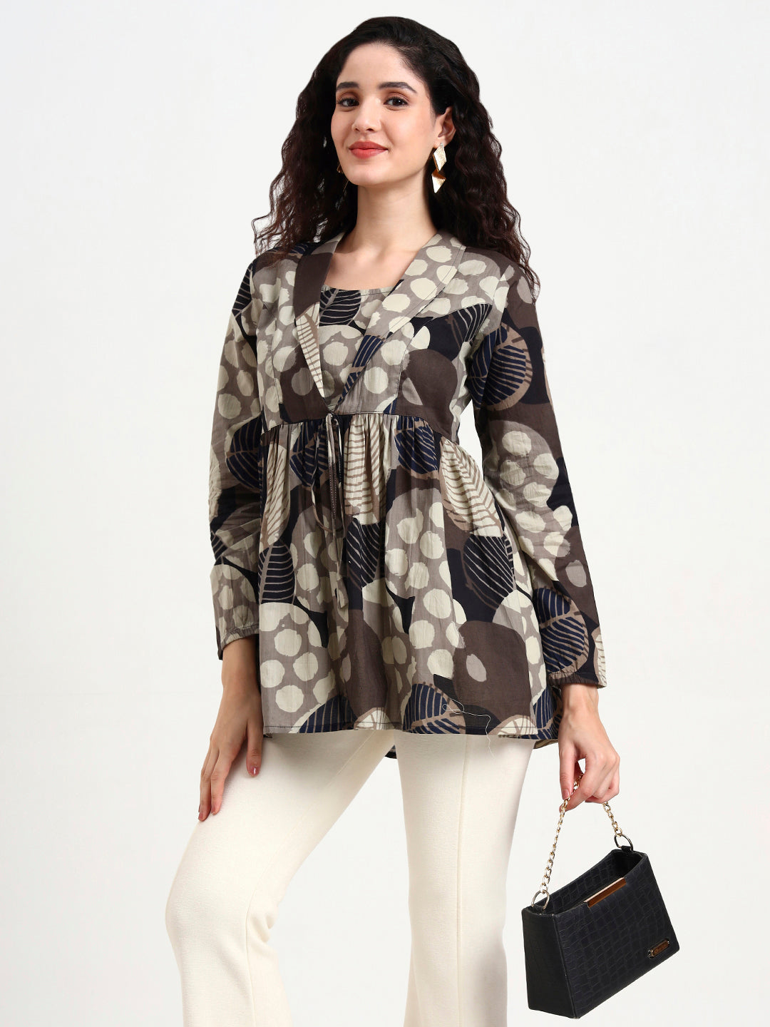Grey Floral Print Cotton Top