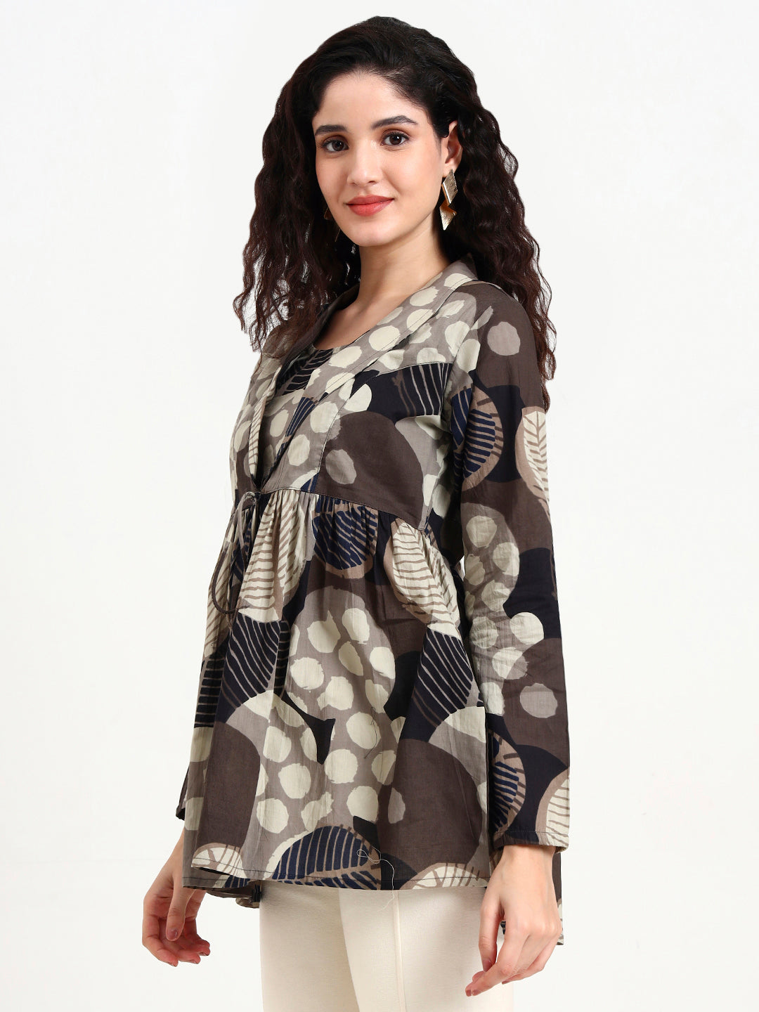 Grey Floral Print Cotton Top