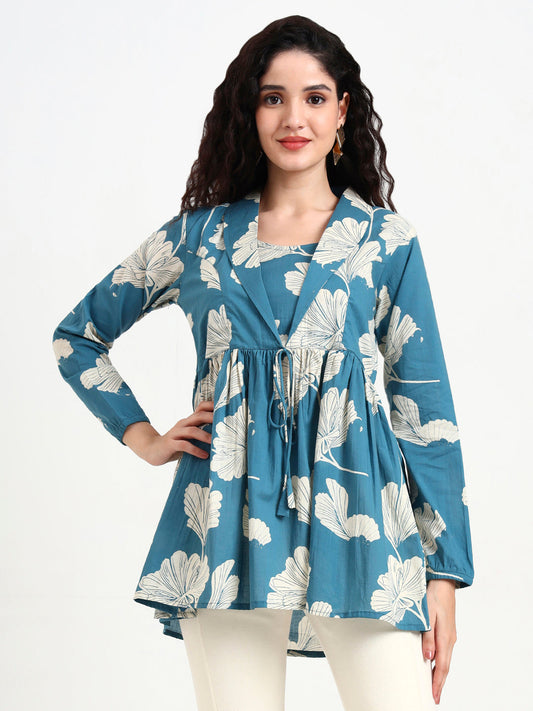Teal Blue Floral Print Cotton Top