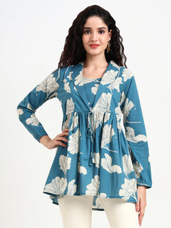 Teal Blue Floral Print Cotton Top